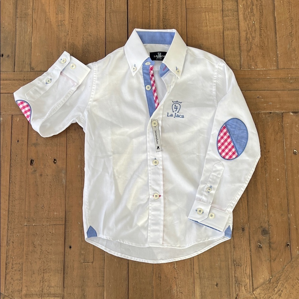 La Jaca white button down shirt 4 years elbow patches pink and blue accents nwot